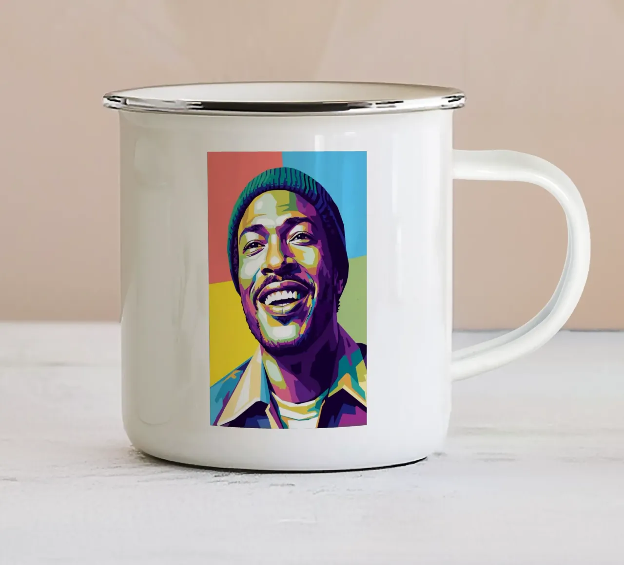 Marvin Gaye sorriso colorato pop art tazza in smalto da Hantamrata
