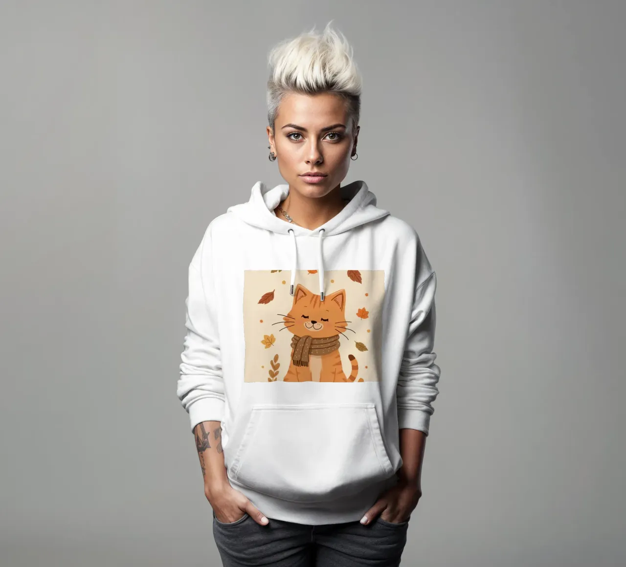 Gatto arancione con sciarpa e foglie d'autunno felpa con cappuccio da DesignDoodle