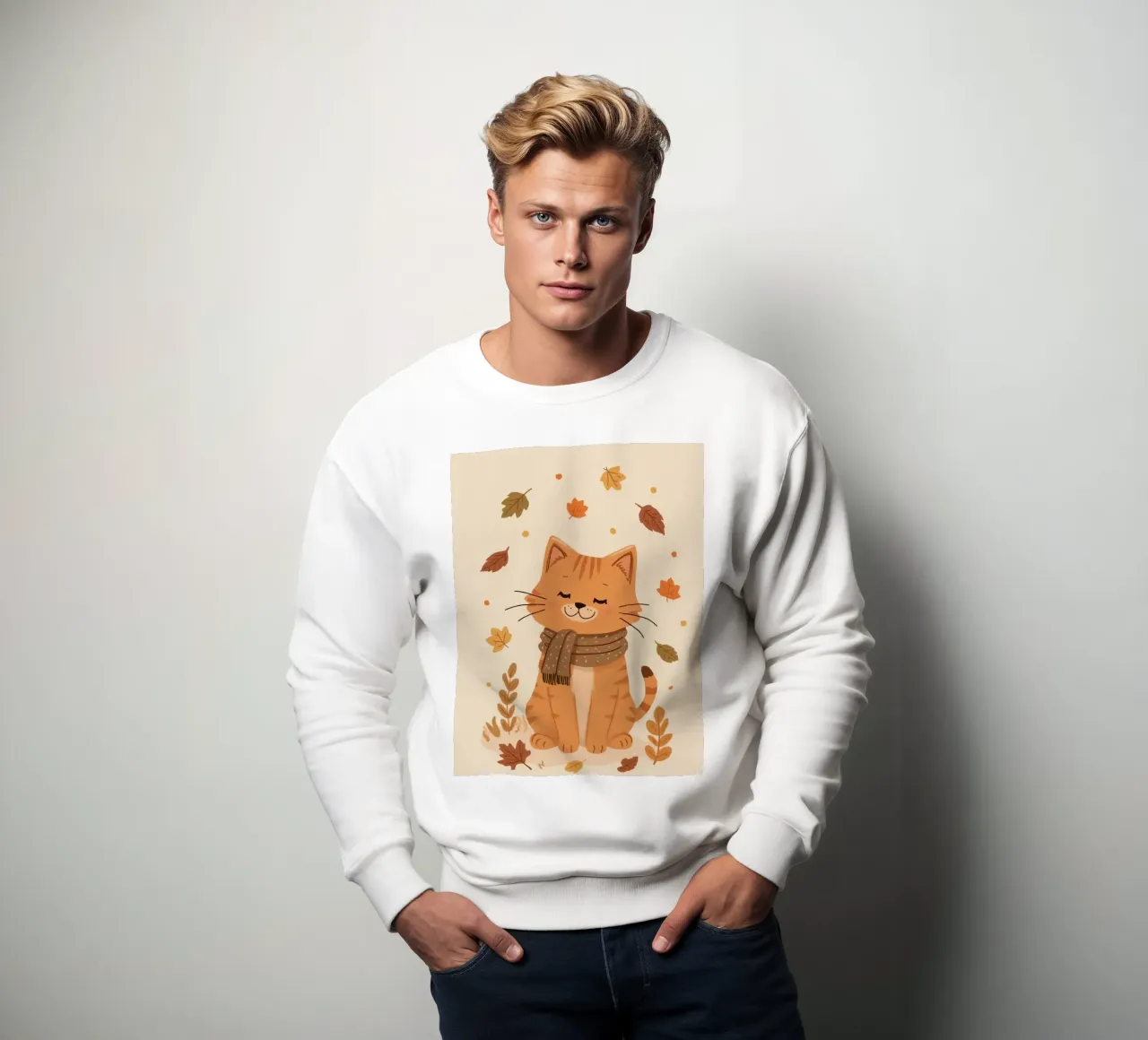 Gatto arancione con sciarpa e foglie d'autunno felpa da DesignDoodle