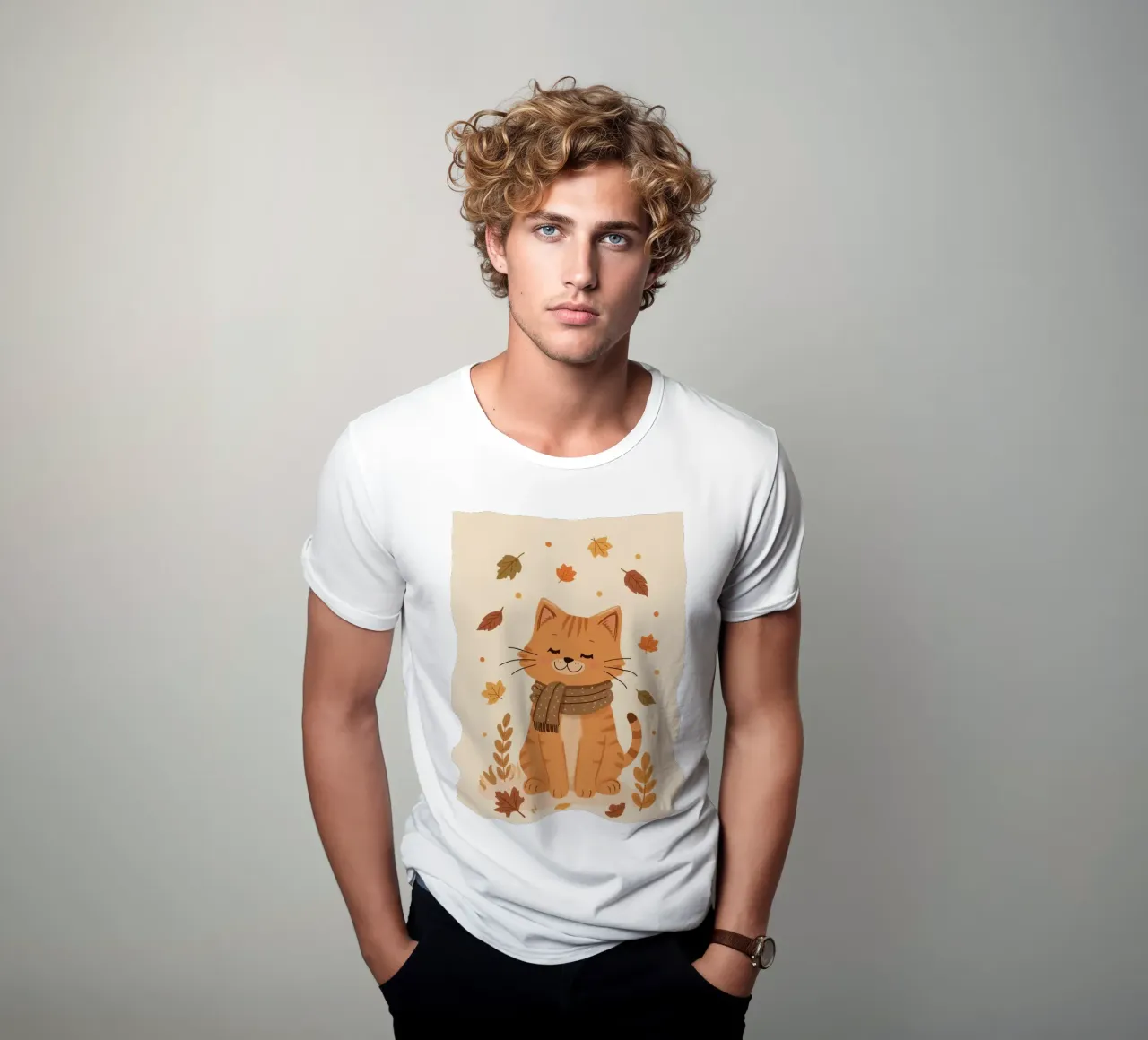 Gatto arancione con sciarpa e foglie d'autunno t-shirt da DesignDoodle