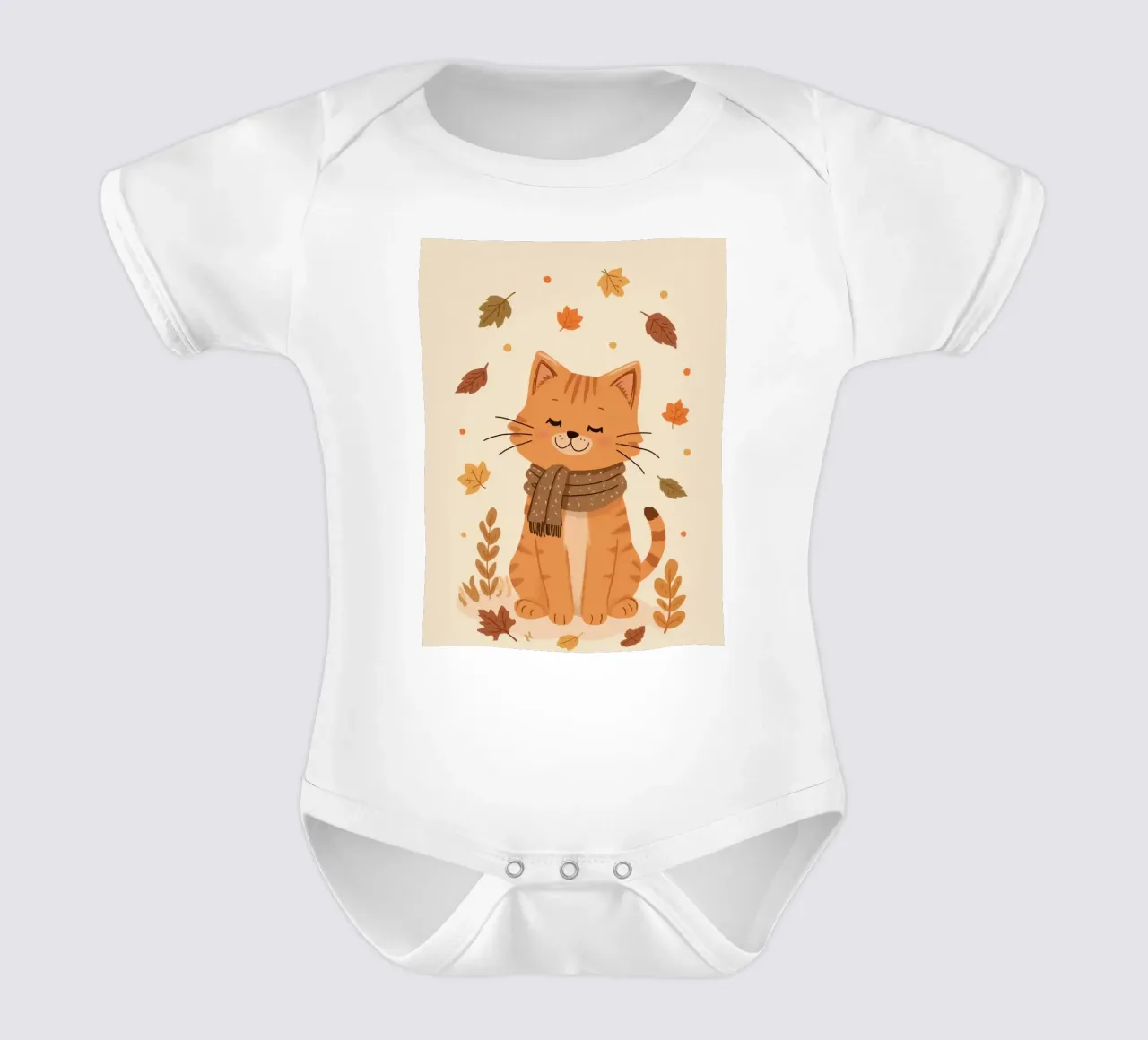 Gatto arancione con sciarpa e foglie d'autunno body neonato maniche corte da DesignDoodle