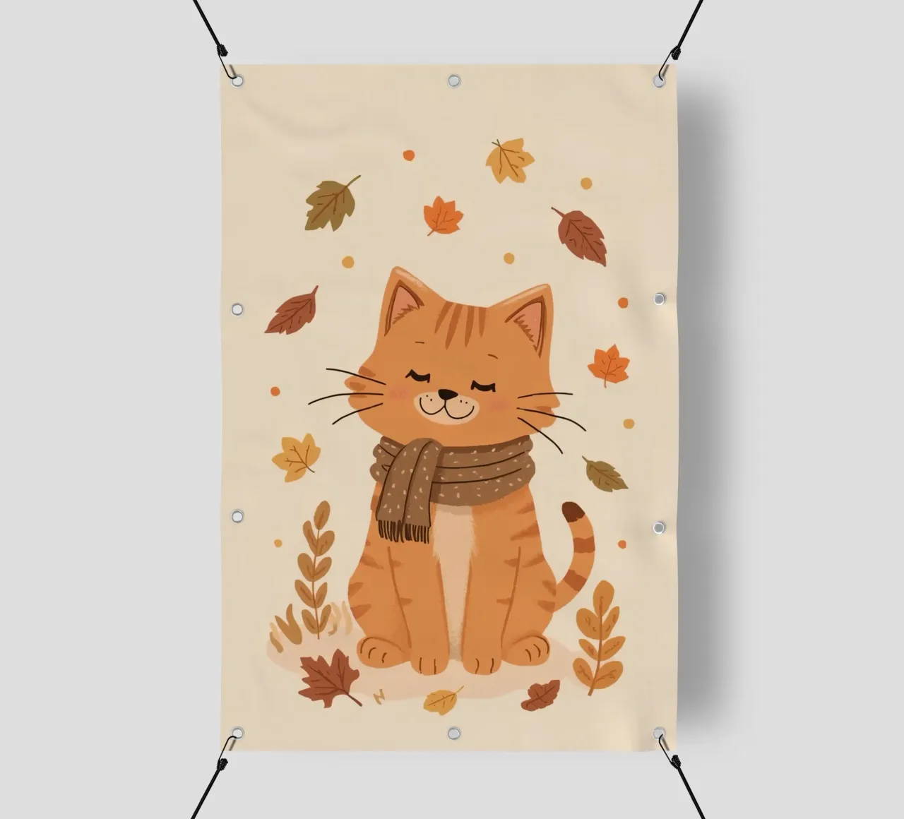 Gatto arancione con sciarpa e foglie d'autunno telo in pvc da DesignDoodle