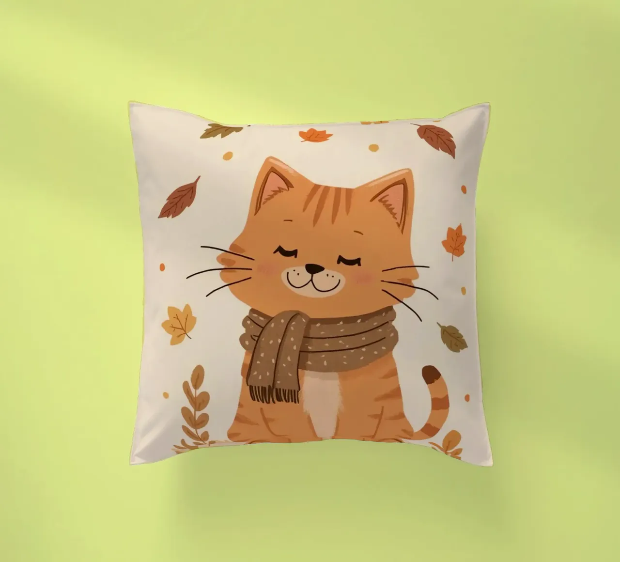Gatto arancione con sciarpa e foglie d'autunno cuscino da DesignDoodle