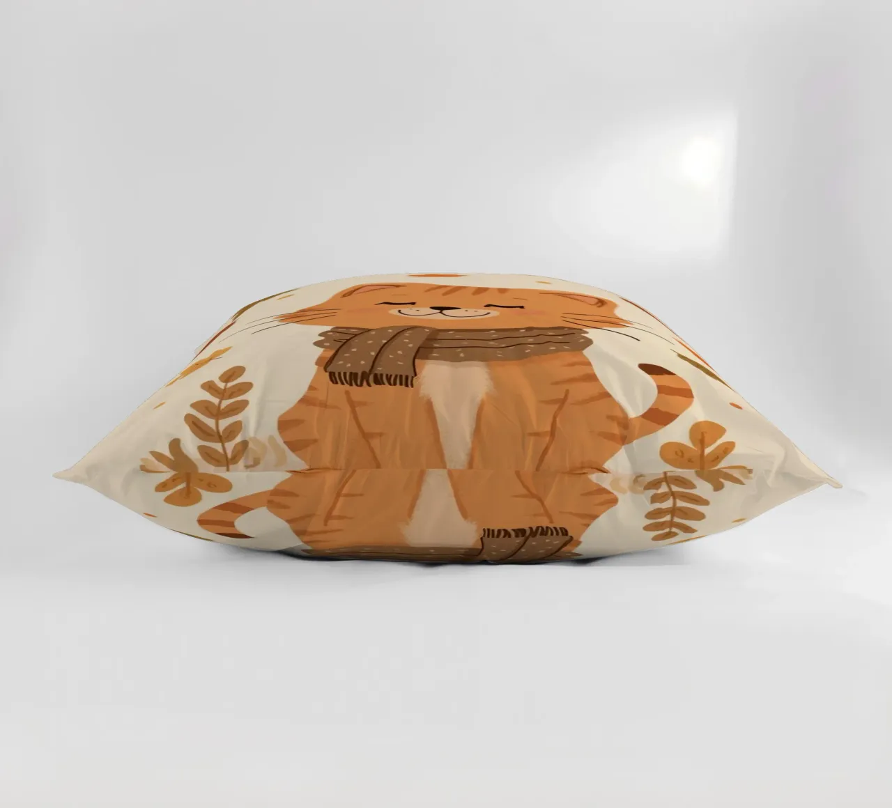 Gatto arancione con sciarpa e foglie d'autunno cuscino da DesignDoodle
