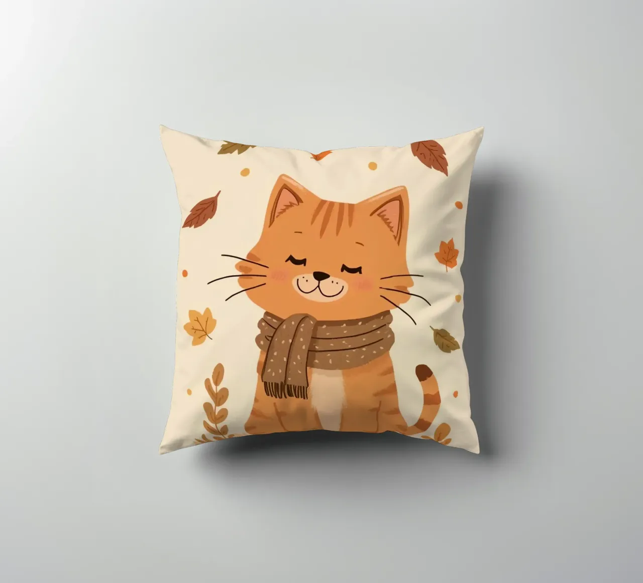 Gatto arancione con sciarpa e foglie d'autunno cuscino da DesignDoodle