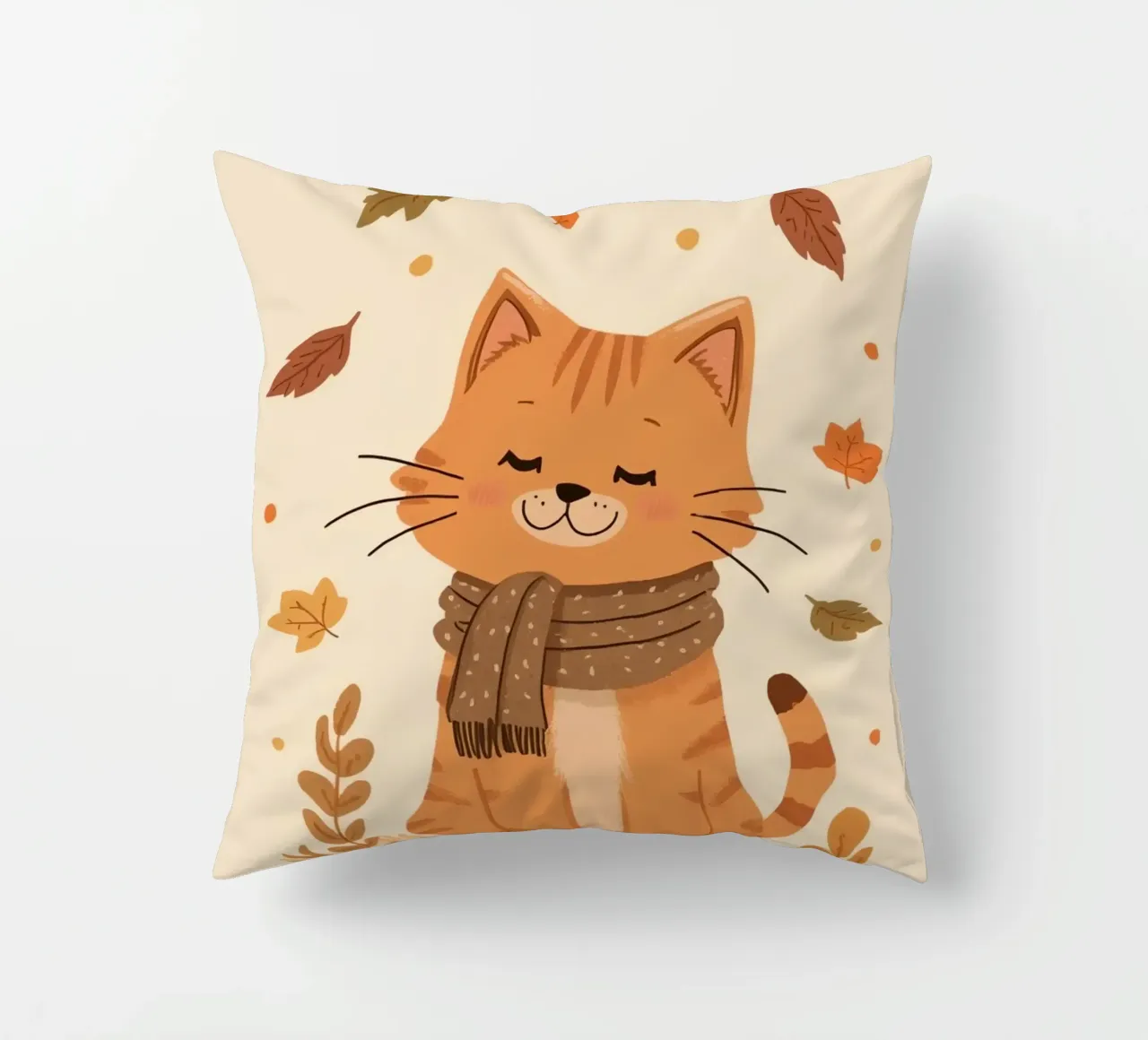 Gatto arancione con sciarpa e foglie d'autunno cuscino da DesignDoodle