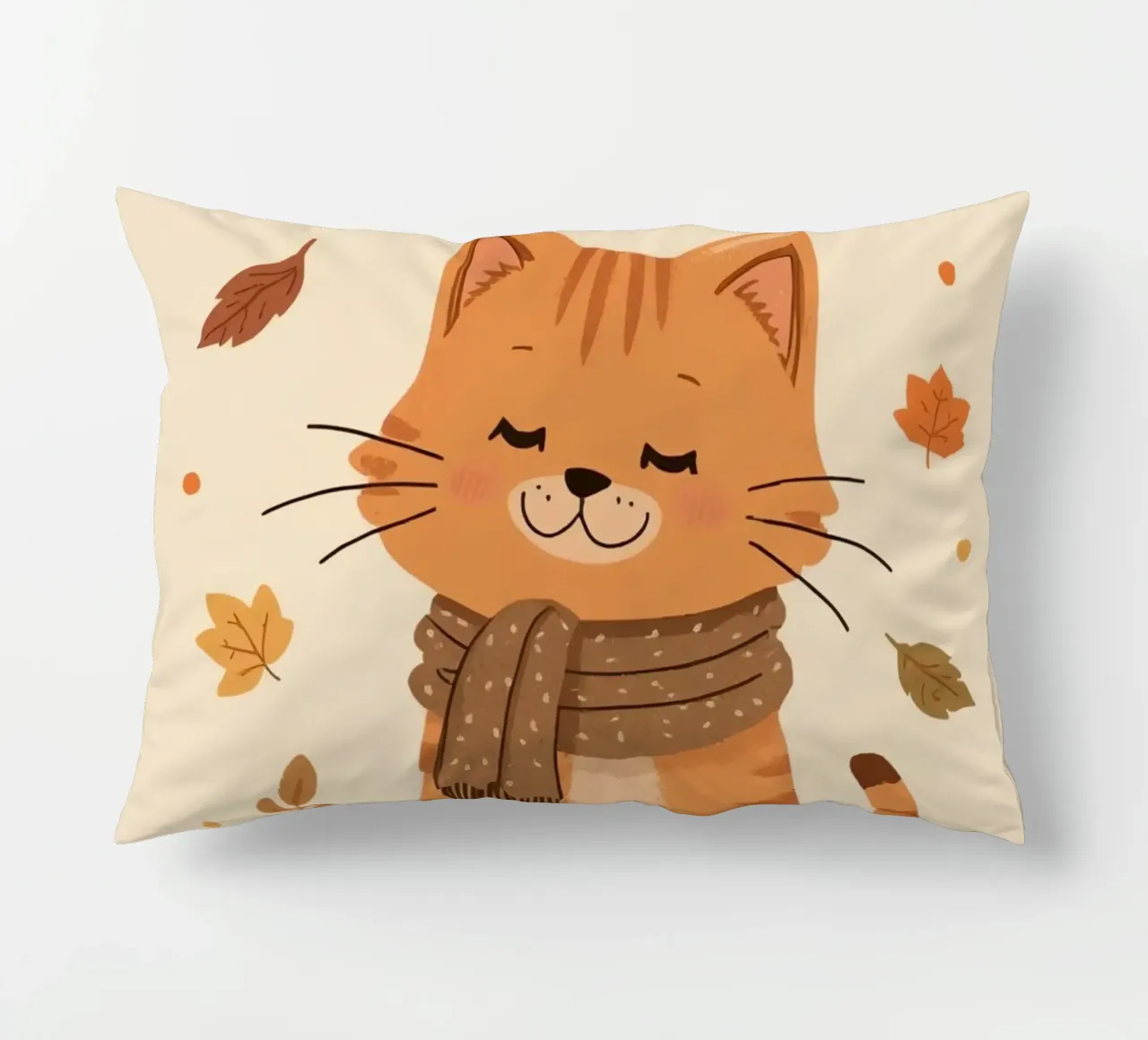 Gatto arancione con sciarpa e foglie d'autunno cuscino da DesignDoodle