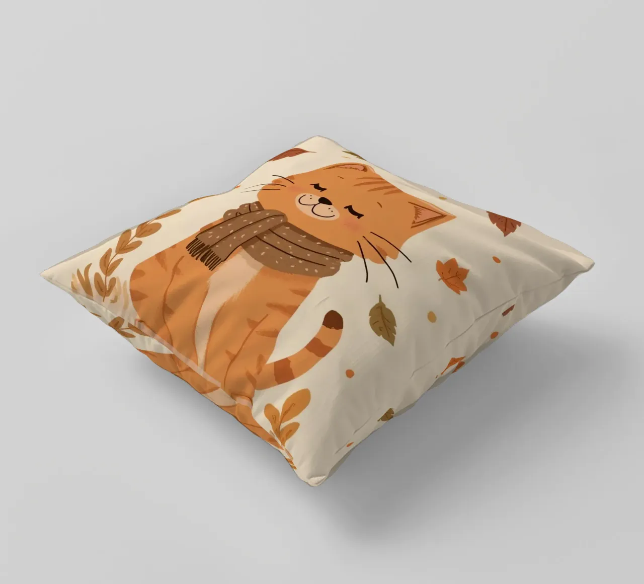 Gatto arancione con sciarpa e foglie d'autunno cuscino da DesignDoodle