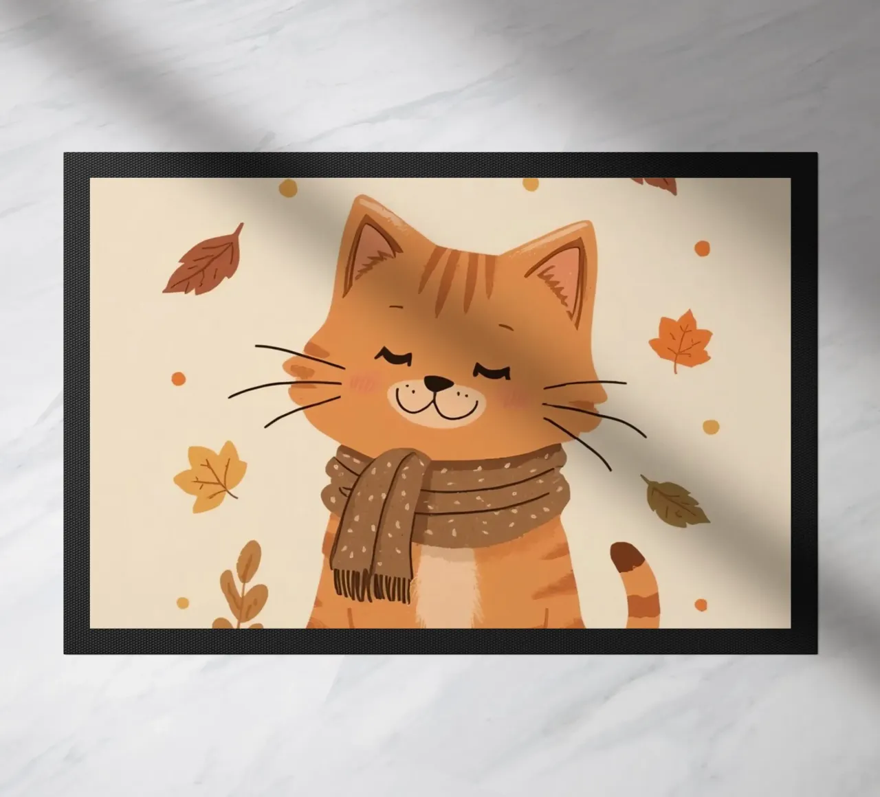 Gatto arancione con sciarpa e foglie d'autunno zerbino da DesignDoodle