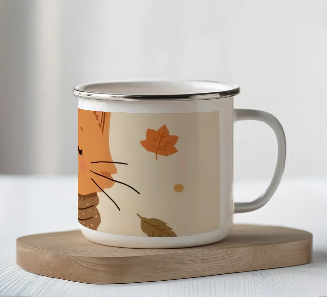 Gatto arancione con sciarpa e foglie d'autunno tazza in smalto da DesignDoodle