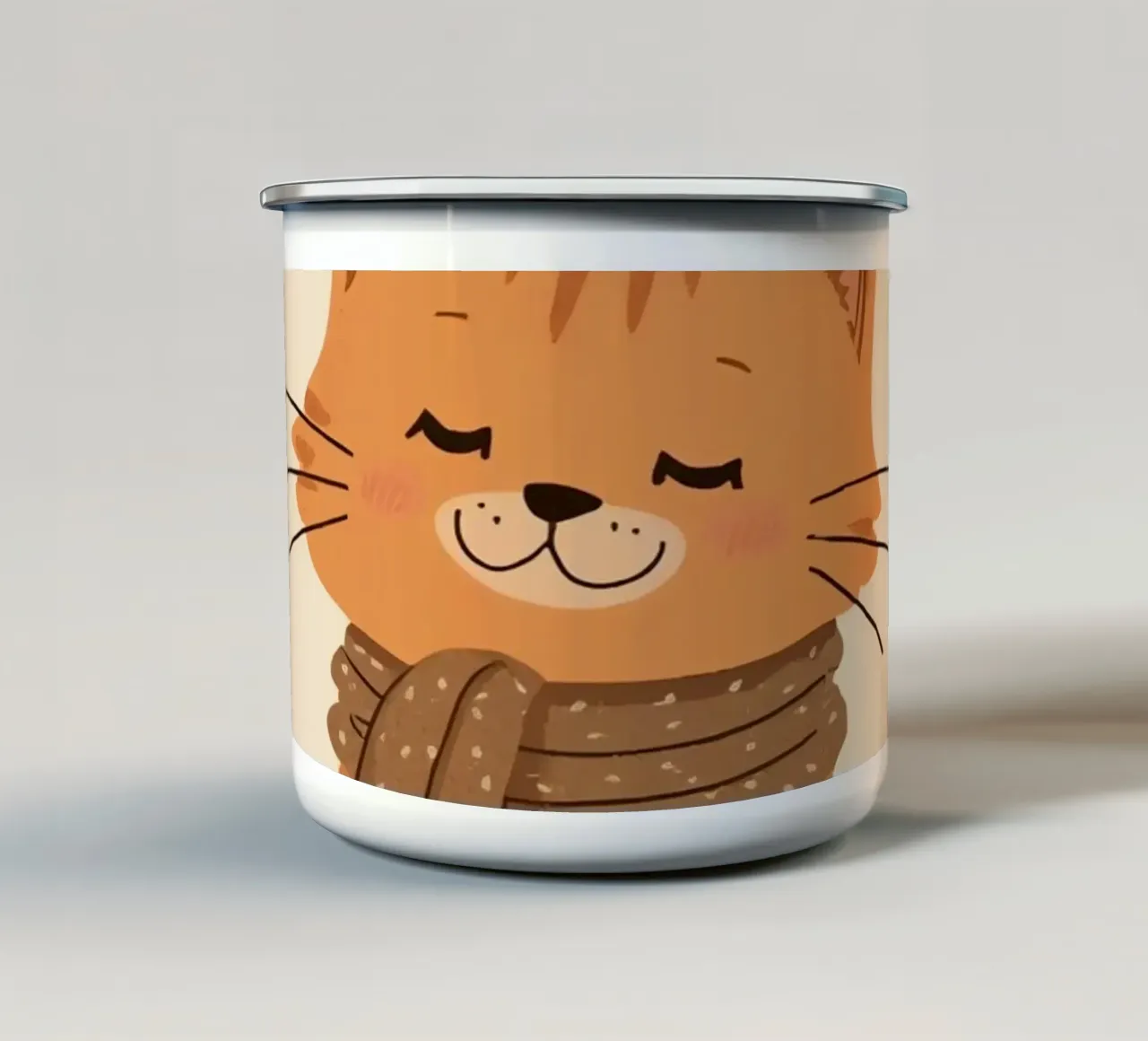 Gatto arancione con sciarpa e foglie d'autunno tazza in smalto da DesignDoodle