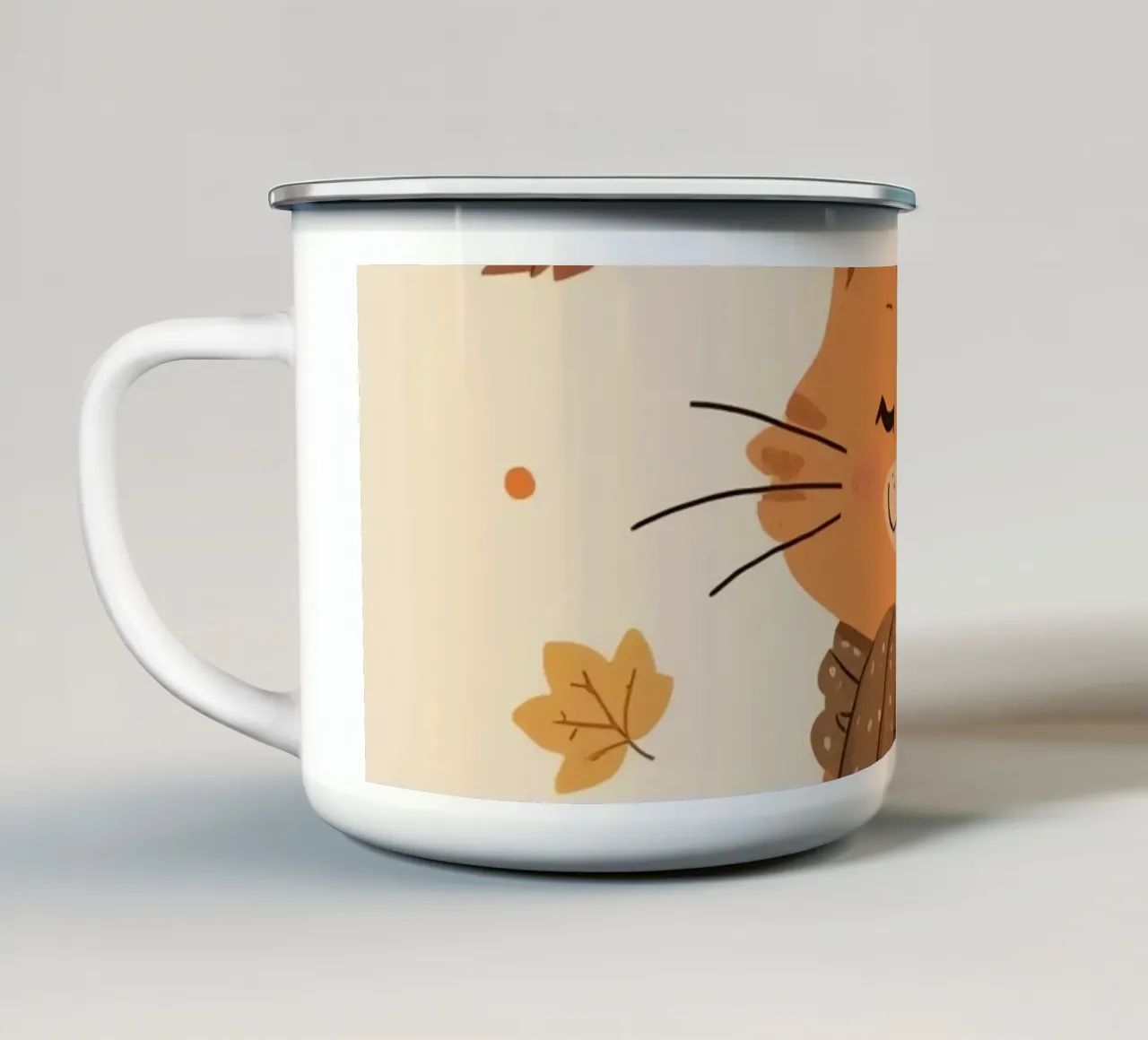 Gatto arancione con sciarpa e foglie d'autunno tazza in smalto da DesignDoodle