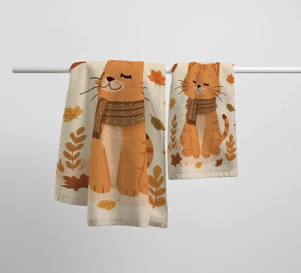Gatto arancione con sciarpa e foglie d'autunno asciugamano da bagno da DesignDoodle