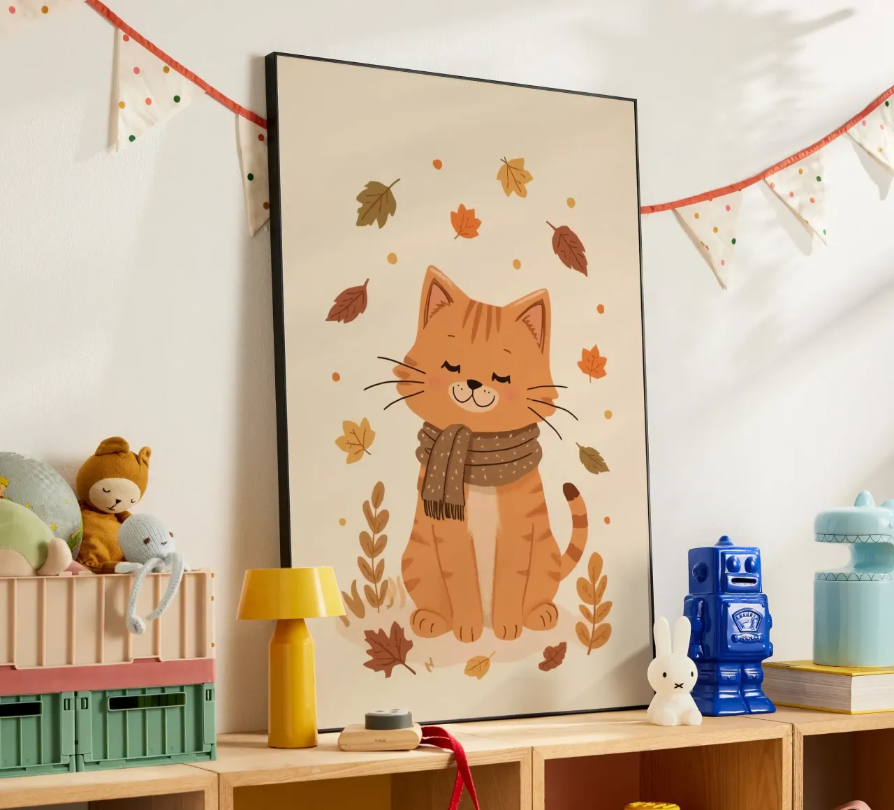 Gatto arancione con sciarpa e foglie d'autunno alluminio dibond da DesignDoodle
