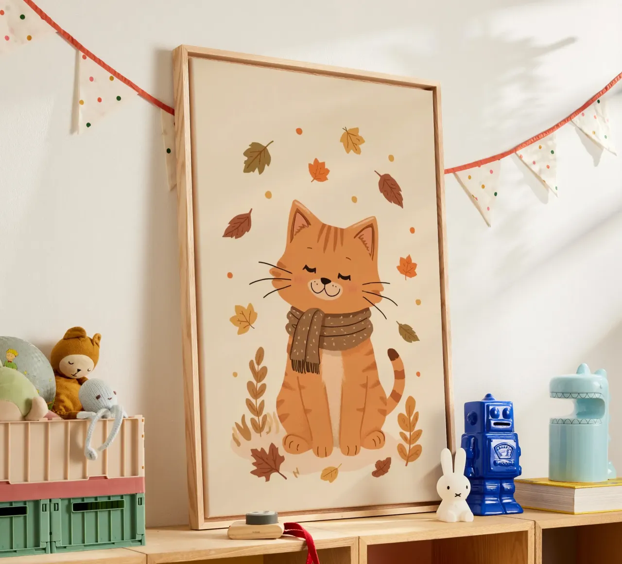 Gatto arancione con sciarpa e foglie d'autunno tela con Cornice a cassetta da DesignDoodle