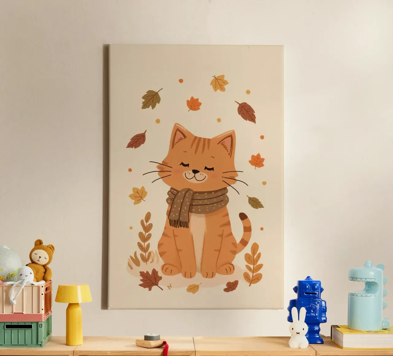 Gatto arancione con sciarpa e foglie d'autunno tela con Cornice a cassetta da DesignDoodle