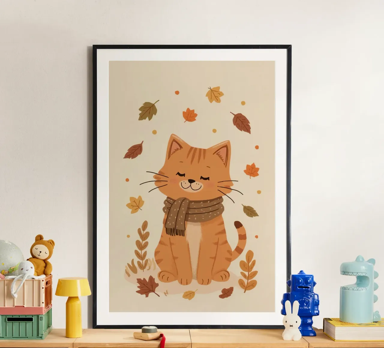 Gatto arancione con sciarpa e foglie d'autunno poster con telaio in legno da DesignDoodle