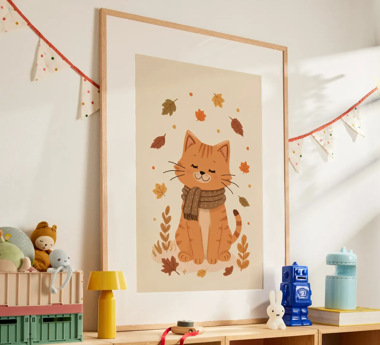 Gatto arancione con sciarpa e foglie d'autunno poster con telaio in legno da DesignDoodle
