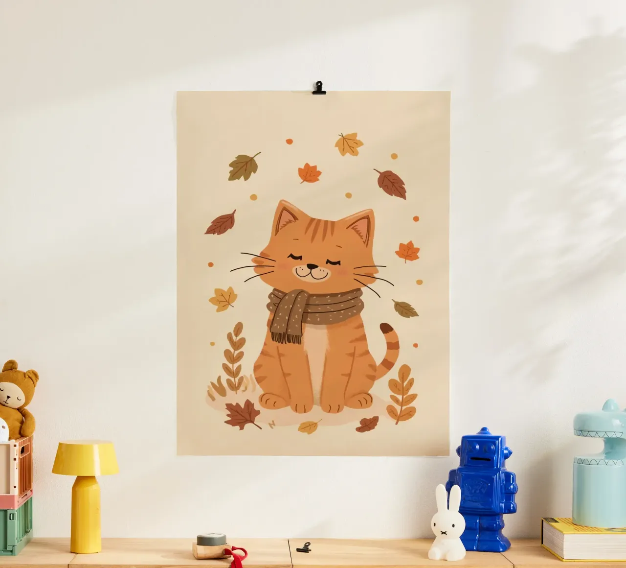 Gatto arancione con sciarpa e foglie d'autunno poster con telaio in legno da DesignDoodle