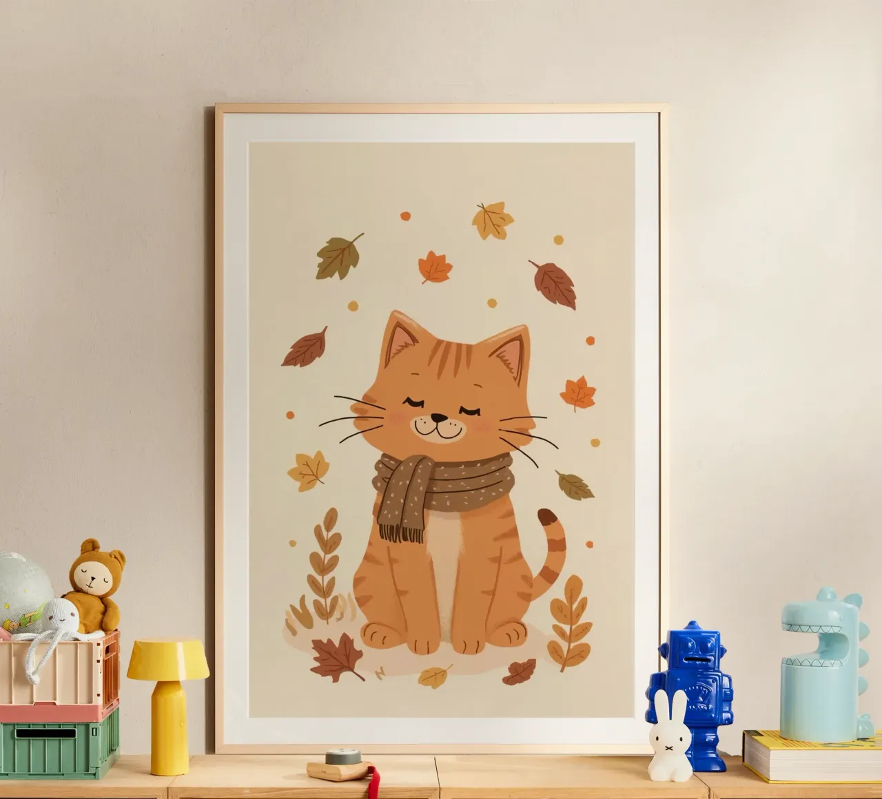 Gatto arancione con sciarpa e foglie d'autunno poster con telaio in legno da DesignDoodle