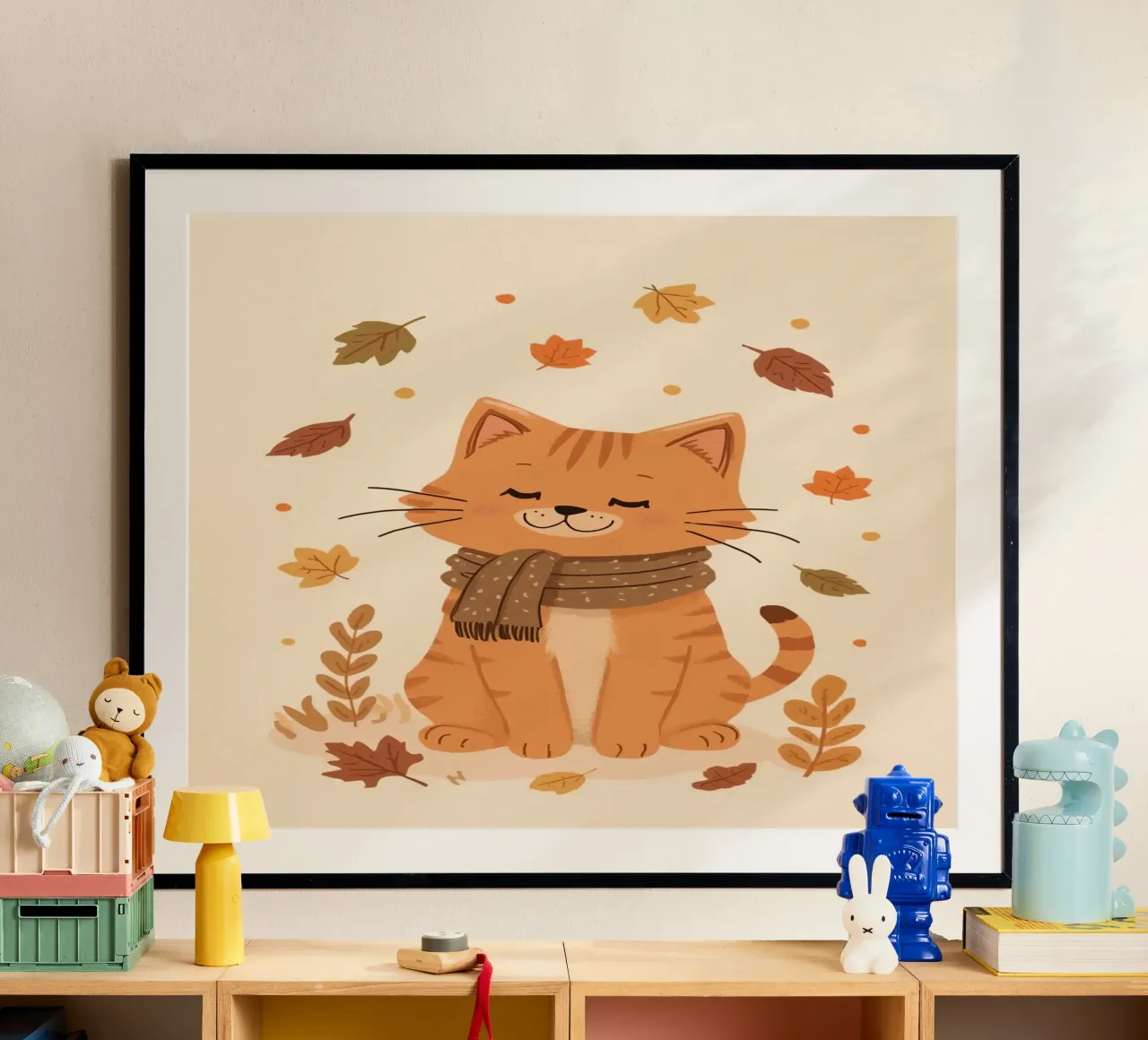 Gatto arancione con sciarpa e foglie d'autunno poster con telaio in legno da DesignDoodle