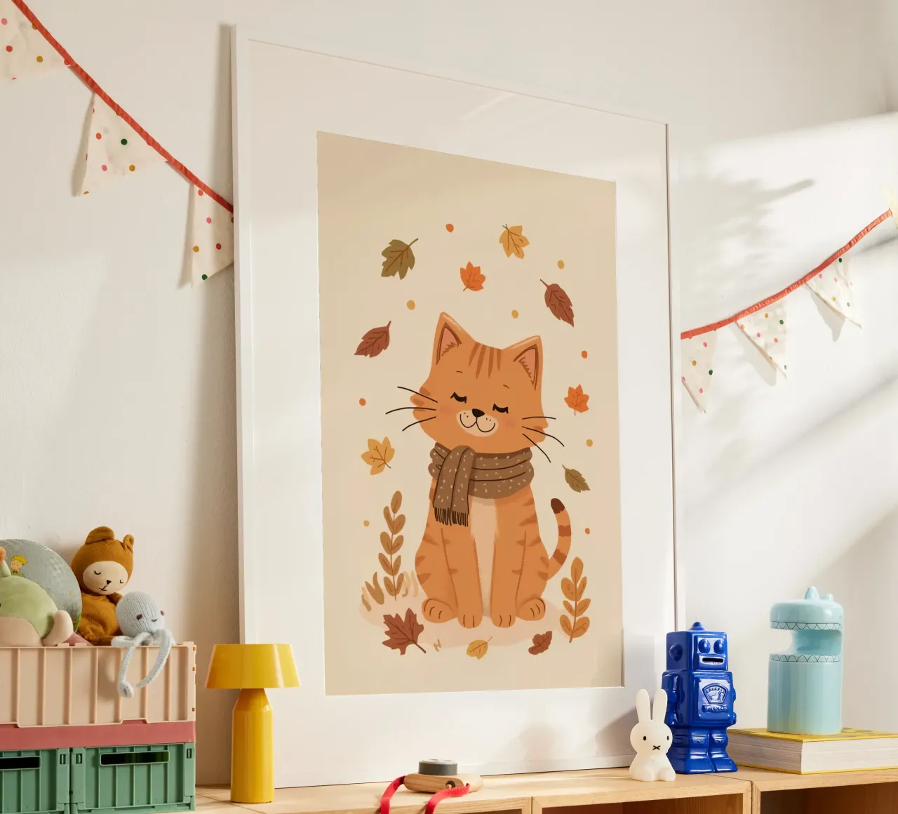 Gatto arancione con sciarpa e foglie d'autunno poster con telaio in legno da DesignDoodle