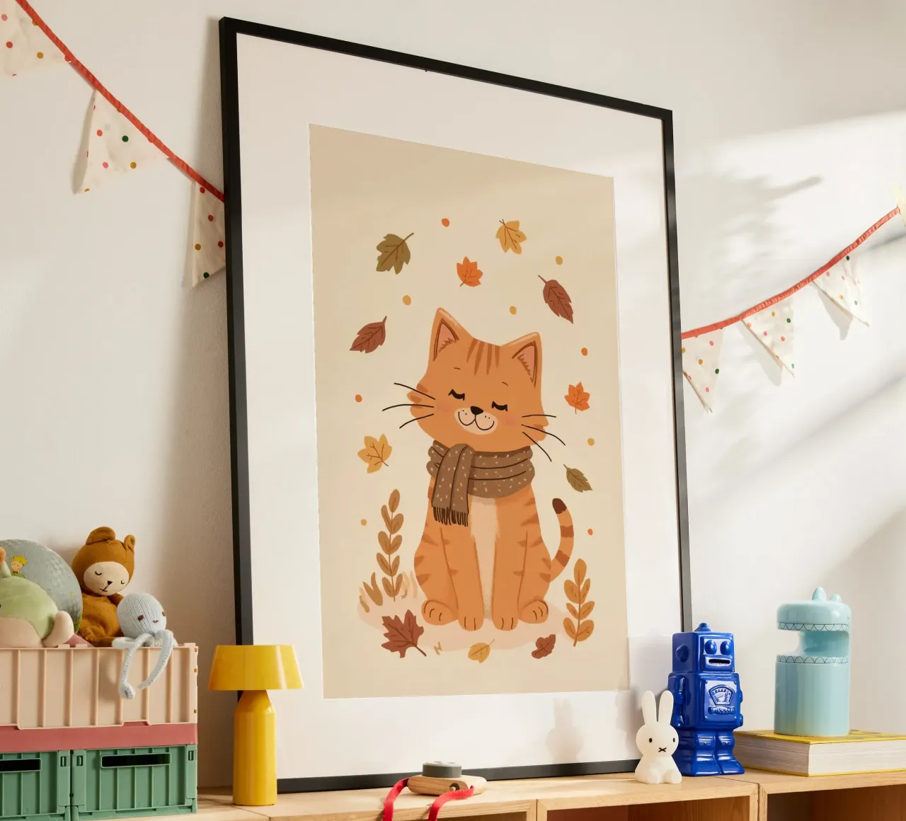 Gatto arancione con sciarpa e foglie d'autunno poster con telaio in legno da DesignDoodle