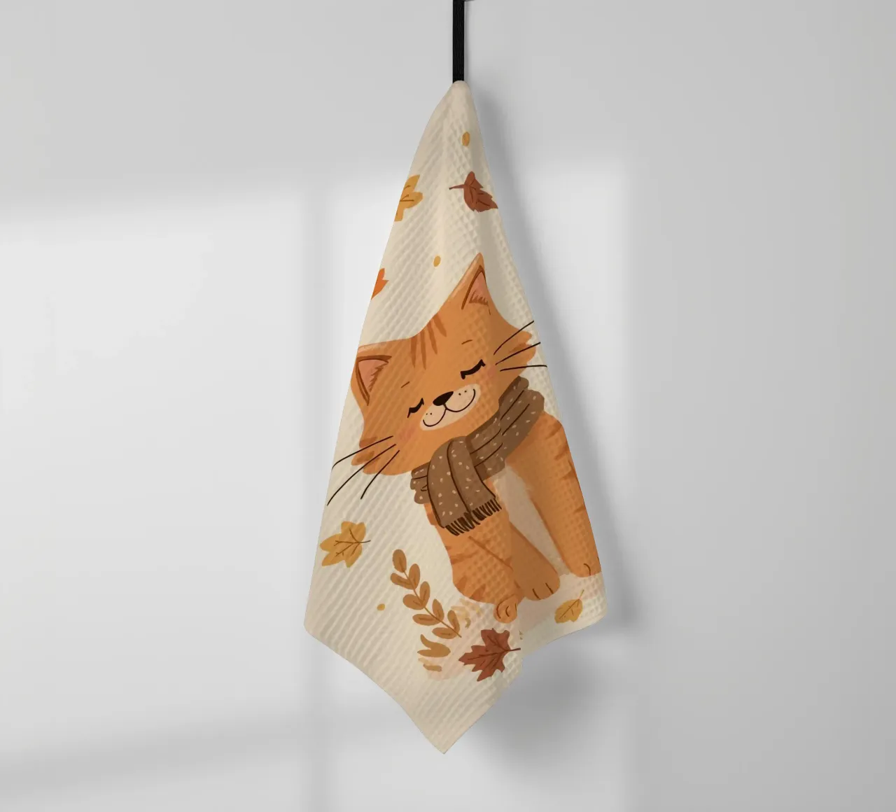 Gatto arancione con sciarpa e foglie d'autunno canovaccio da cucina da DesignDoodle