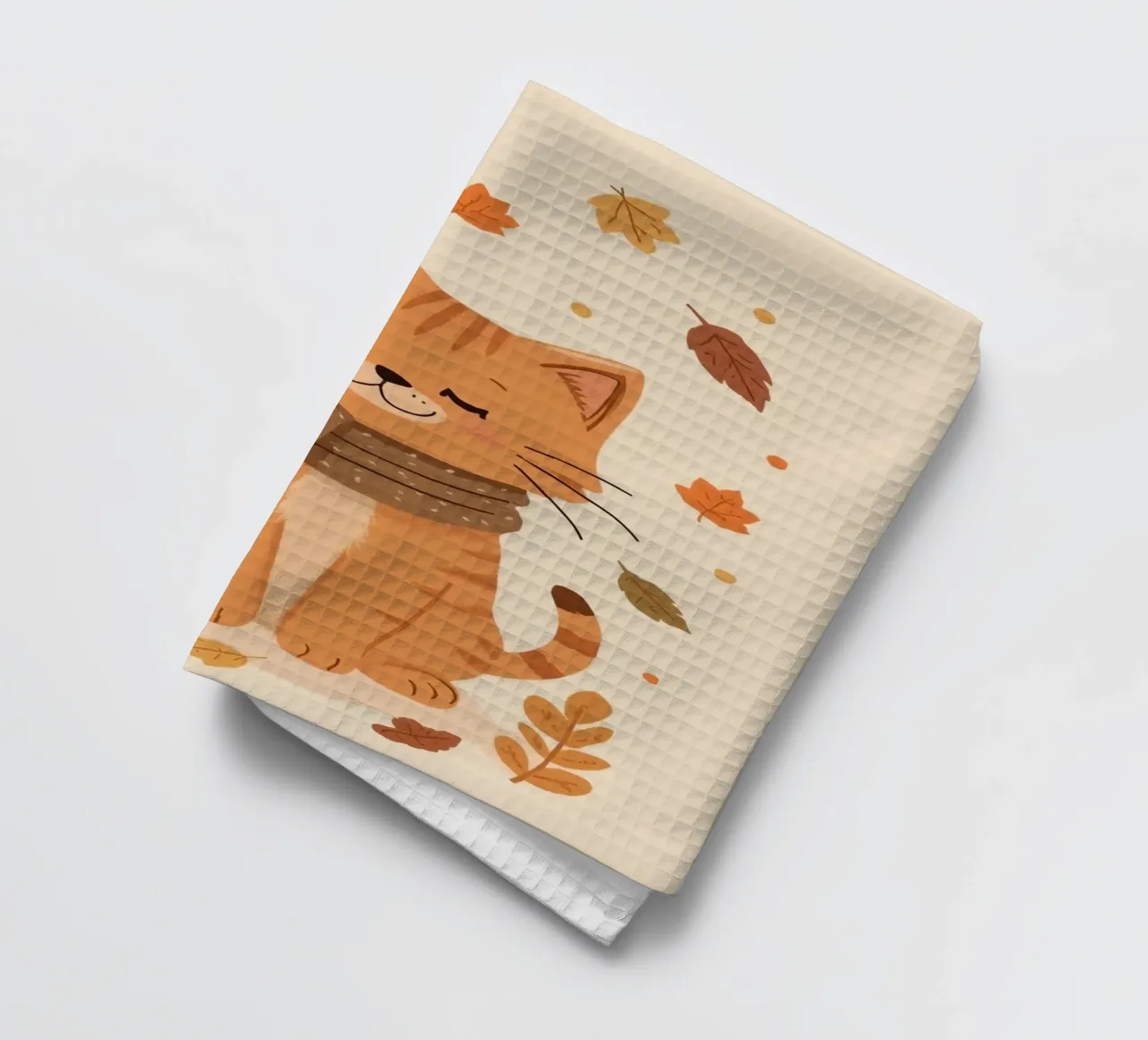 Gatto arancione con sciarpa e foglie d'autunno canovaccio da cucina da DesignDoodle