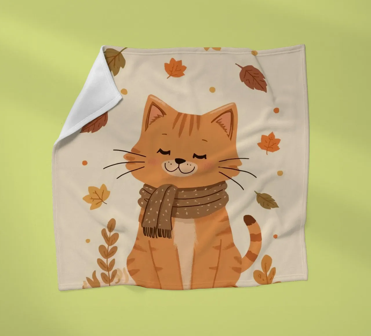 Gatto arancione con sciarpa e foglie d'autunno coperta in pile da DesignDoodle
