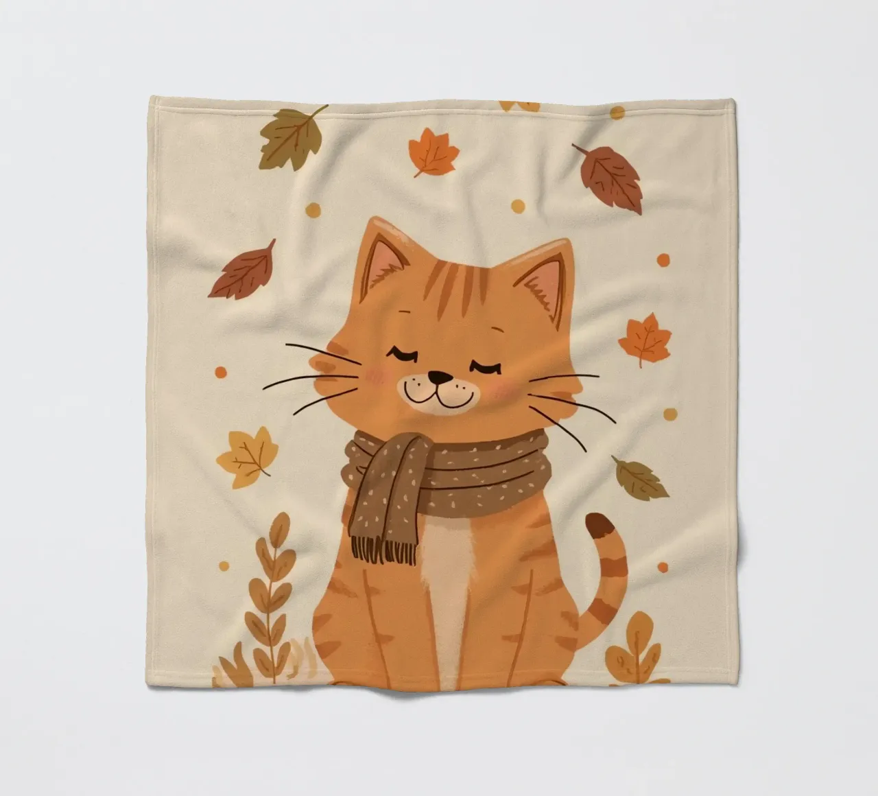 Gatto arancione con sciarpa e foglie d'autunno coperta in pile da DesignDoodle