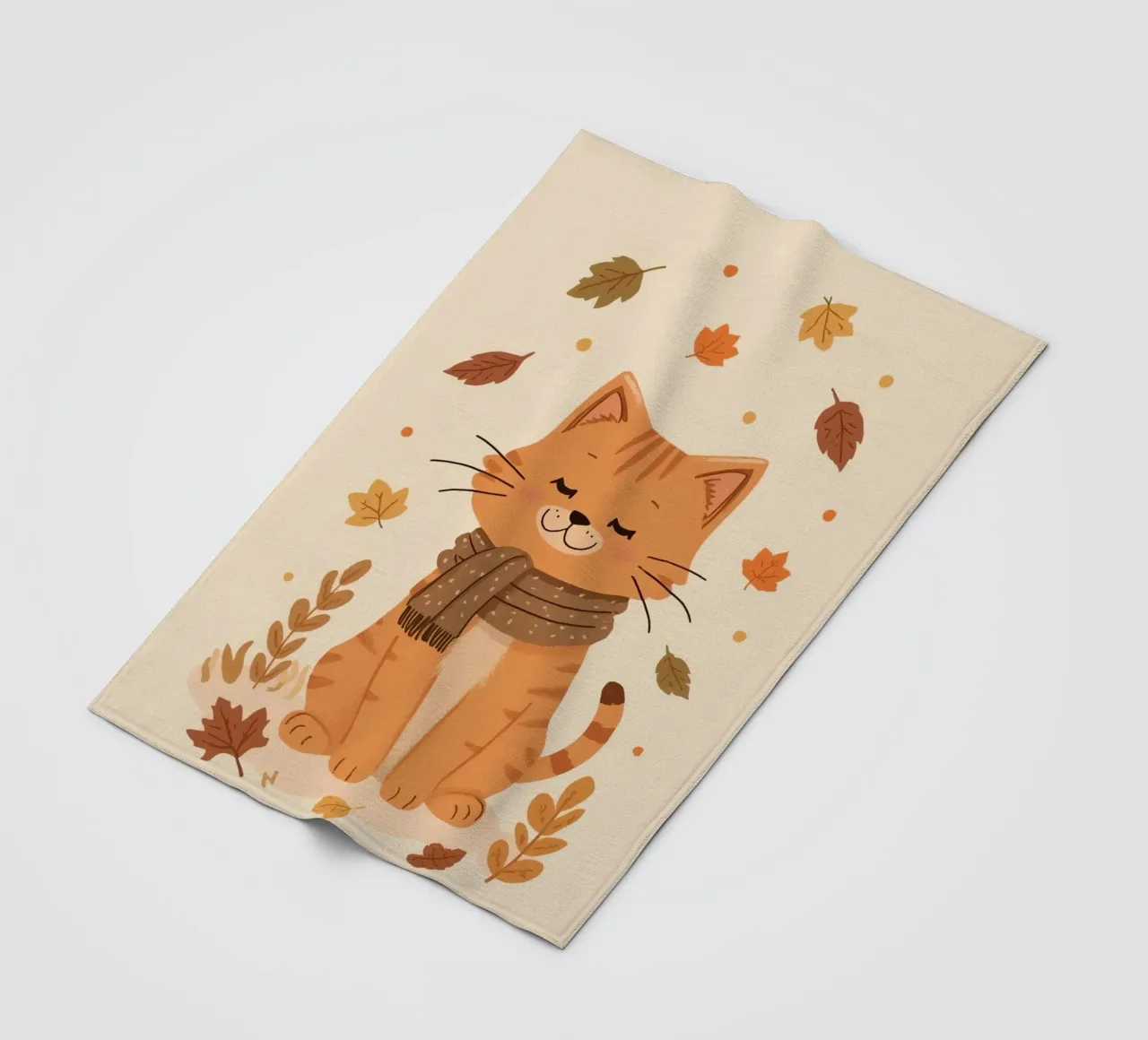 Gatto arancione con sciarpa e foglie d'autunno coperta in pile da DesignDoodle