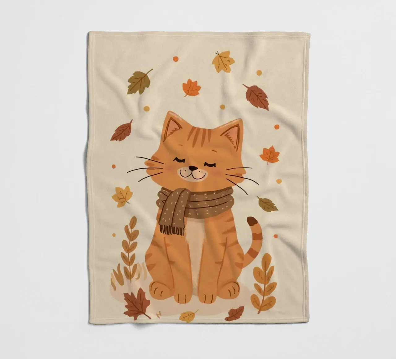 Gatto arancione con sciarpa e foglie d'autunno coperta in pile da DesignDoodle