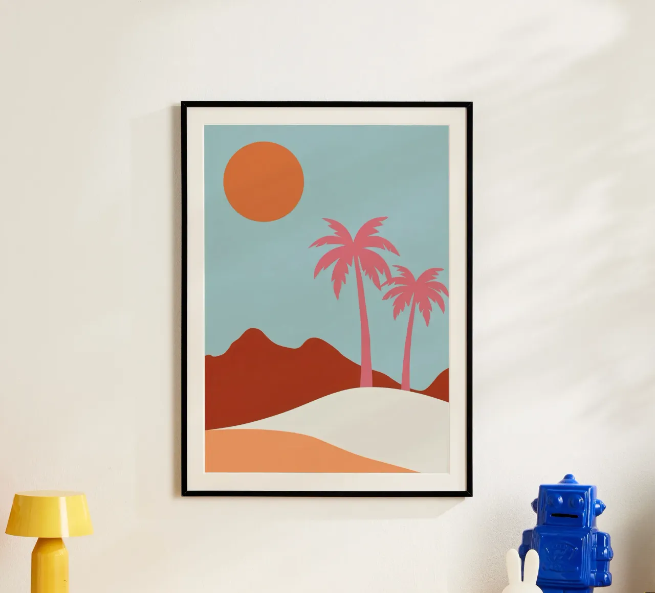 Orizzonte di palme pastello poster con telaio in legno da Autumn Season