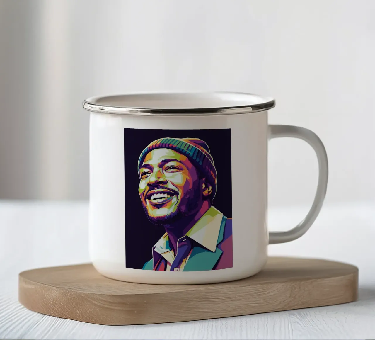 Marvin Gaye con l'iconico sorriso tazza in smalto da Hantamrata