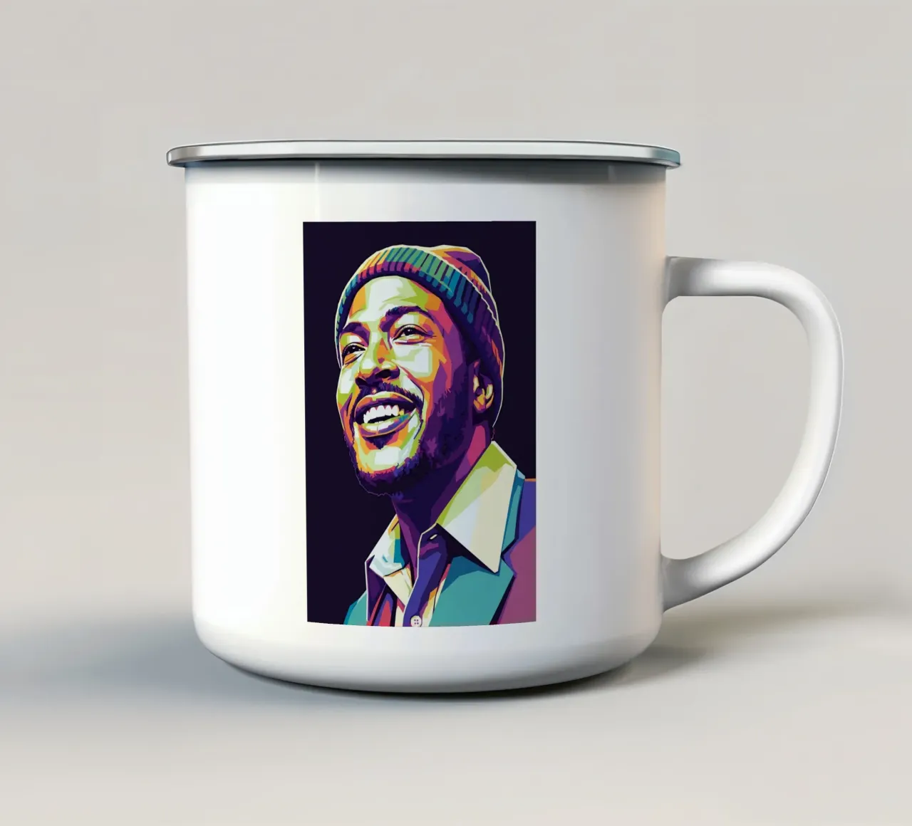 Marvin Gaye con l'iconico sorriso tazza in smalto da Hantamrata