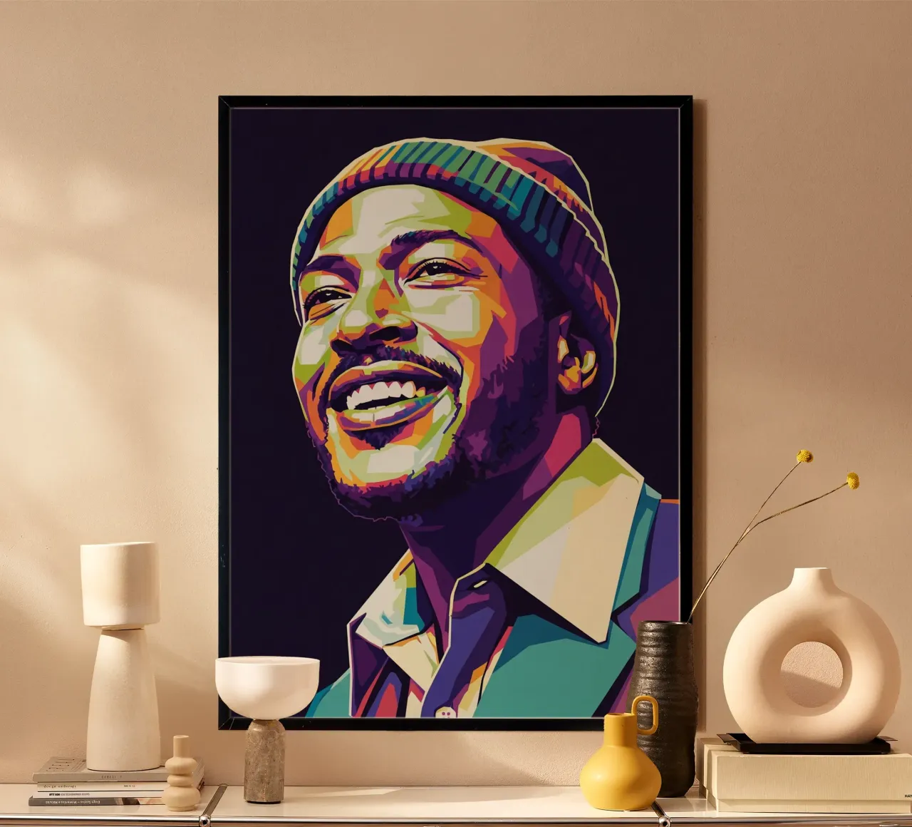 Marvin Gaye con l'iconico sorriso poster con telaio in legno da Hantamrata