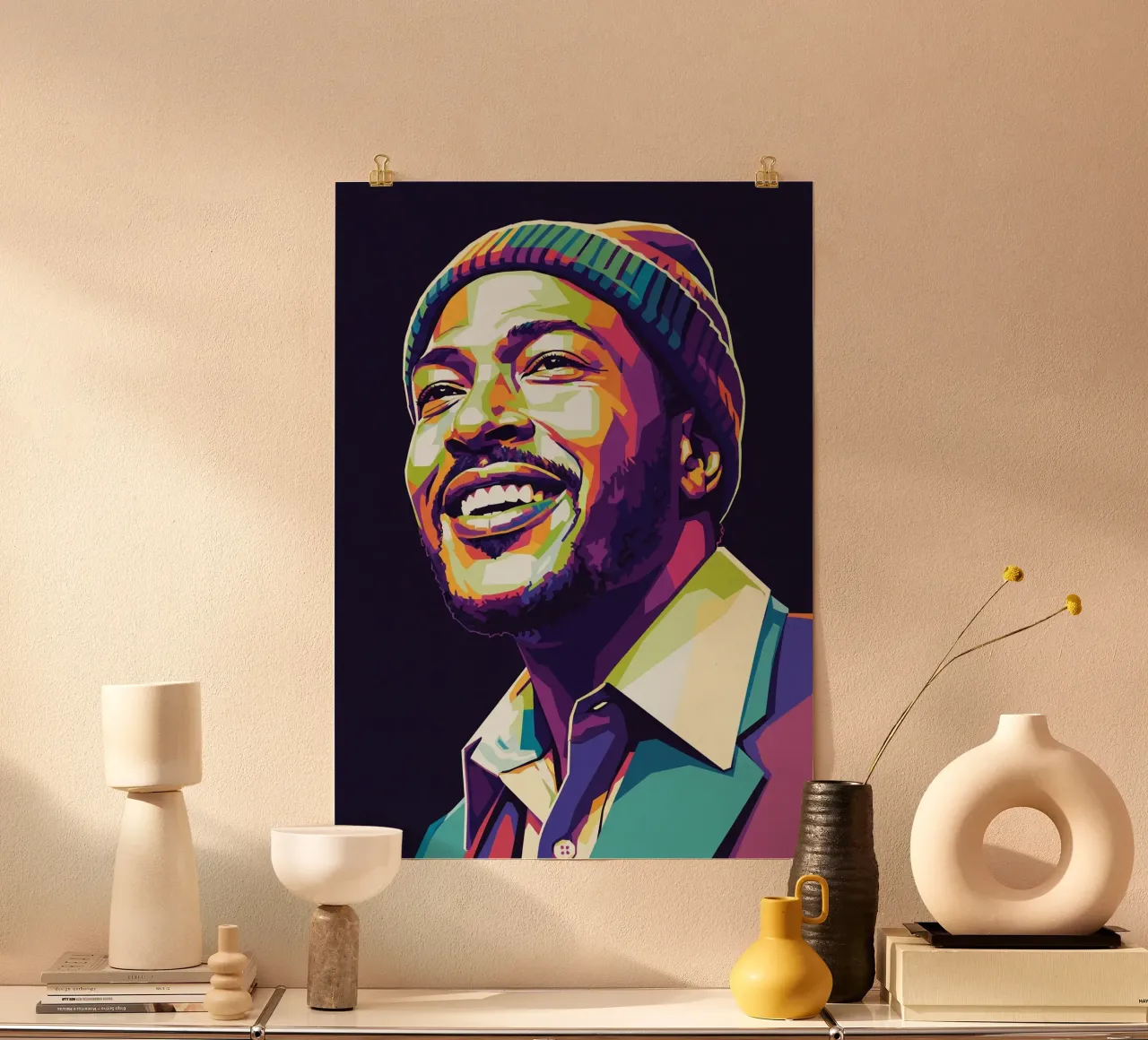 Marvin Gaye con l'iconico sorriso poster con telaio in legno da Hantamrata