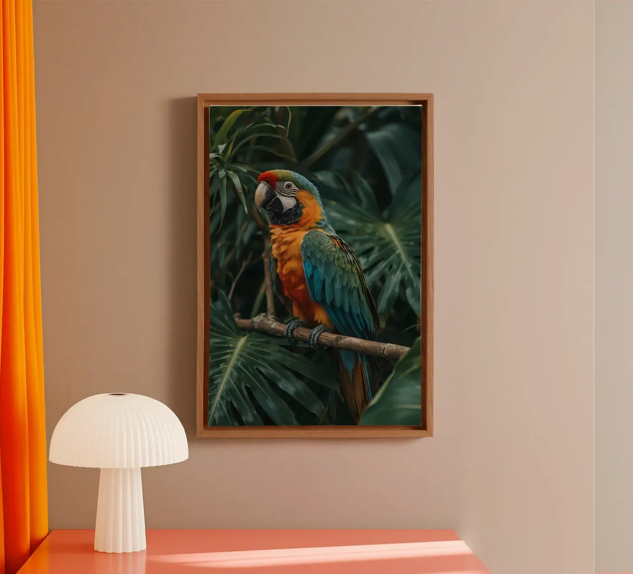 Macaw Perched on Branch with Foliage Background canvas with Floater frame by DesignDoodle