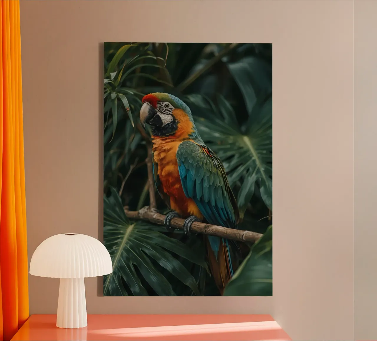 Macaw Perched on Branch with Foliage Background canvas with Floater frame by DesignDoodle