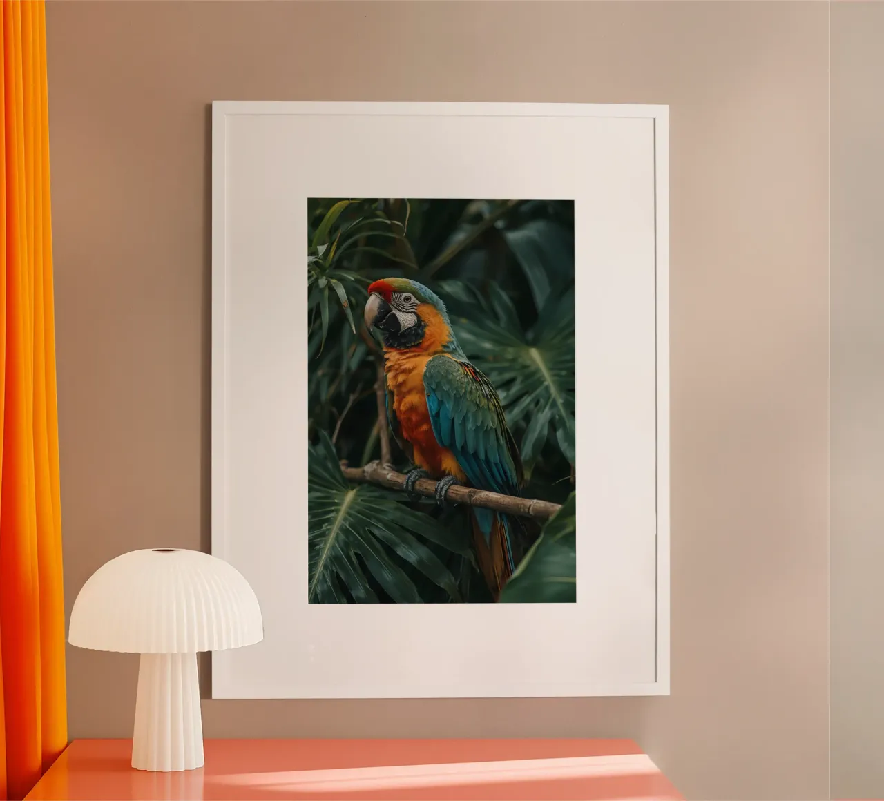 Ara auf einem Zweig mit Laub Hintergrund hockend Poster mit Aluminium Rahmen von DesignDoodle