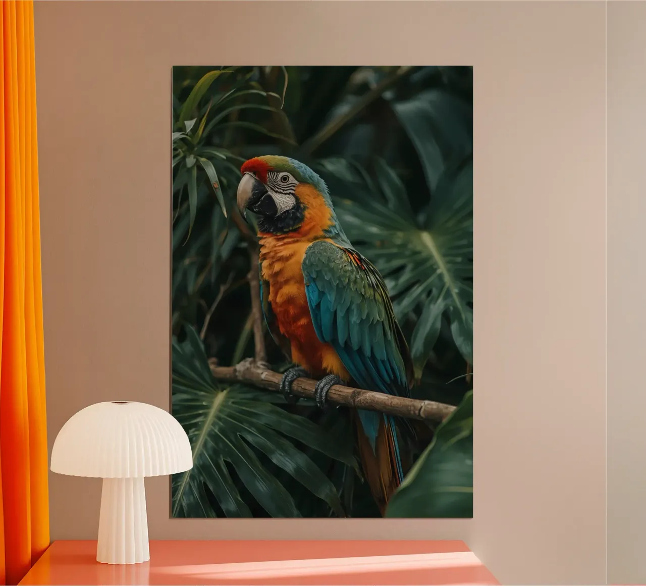 Ara auf einem Zweig mit Laub Hintergrund hockend Poster mit Aluminium Rahmen von DesignDoodle