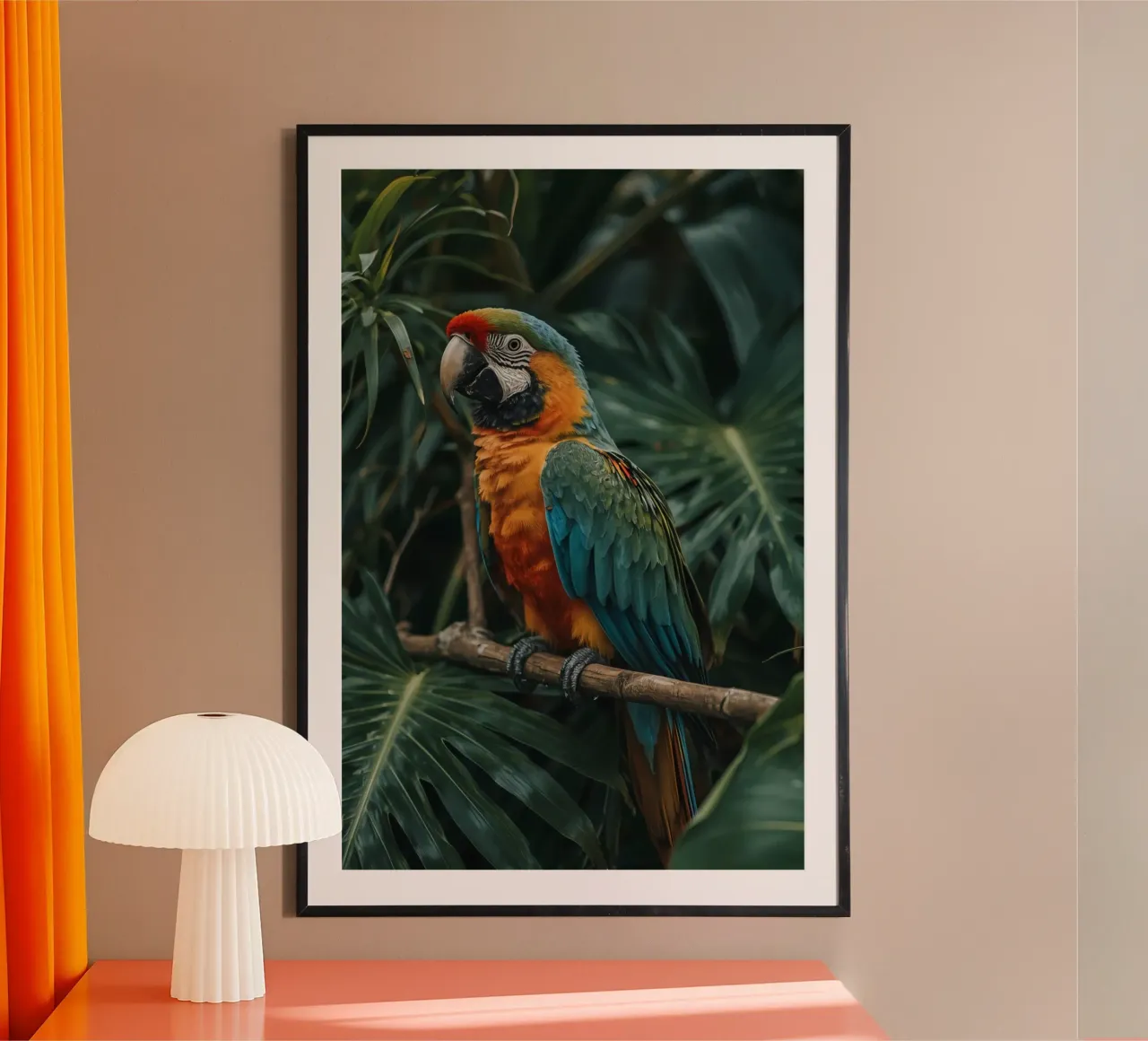 Ara auf einem Zweig mit Laub Hintergrund hockend Poster mit Aluminium Rahmen von DesignDoodle