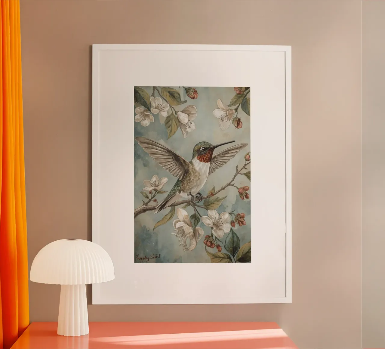 Pittura ad acquerello di colibrì e fiori poster con telaio in legno da DesignDoodle