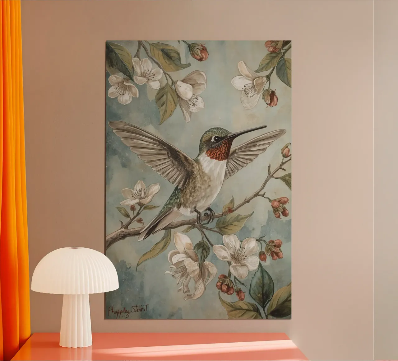 Pittura ad acquerello di colibrì e fiori poster con telaio in legno da DesignDoodle