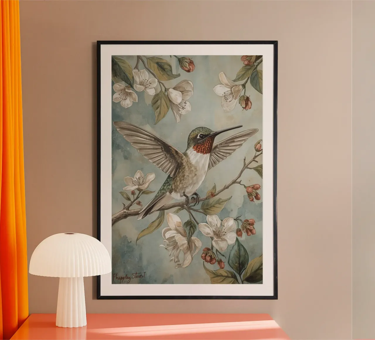 Pittura ad acquerello di colibrì e fiori poster con telaio in legno da DesignDoodle