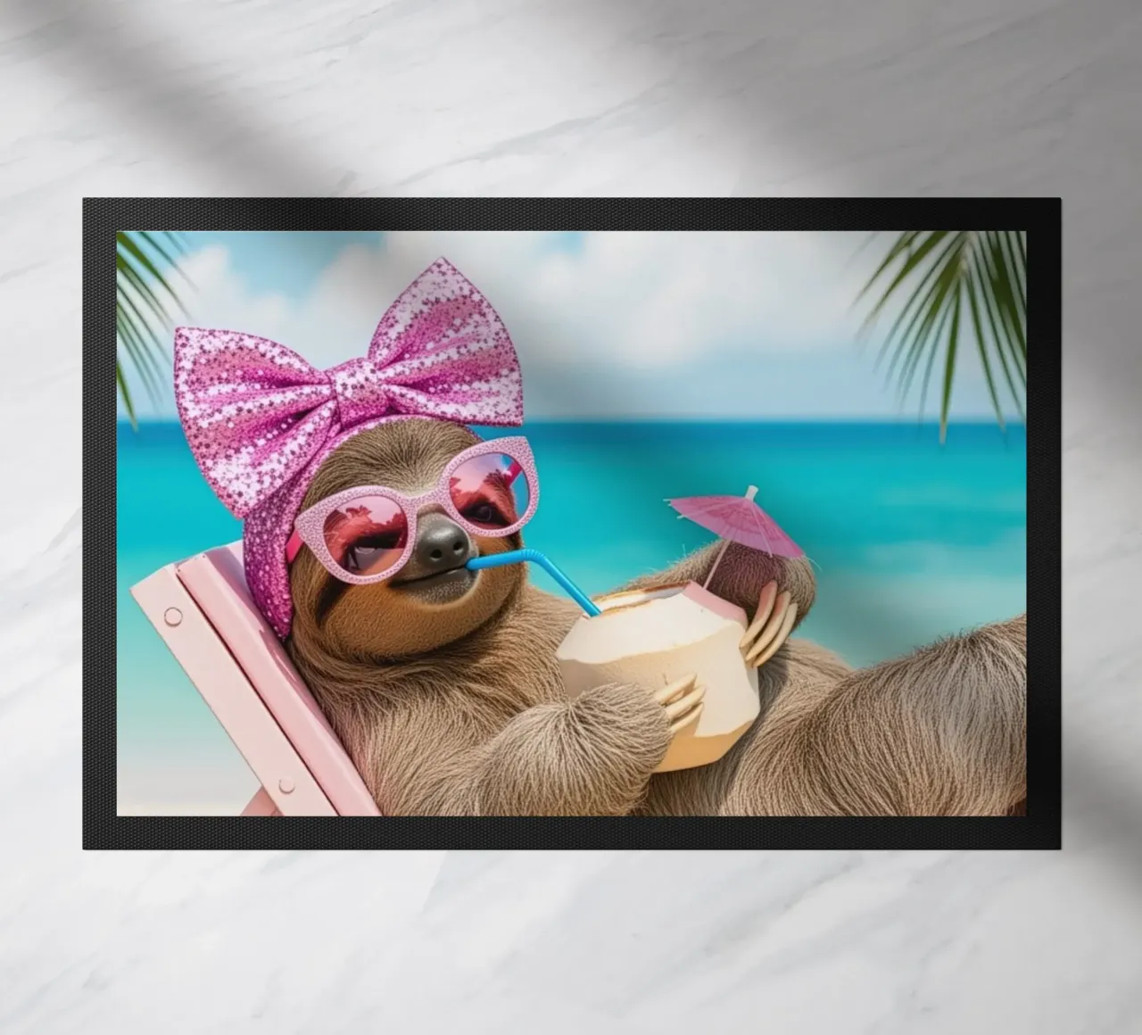 Bradipo in spiaggia con un cocktail, vacanze estive zerbino da SlothStella