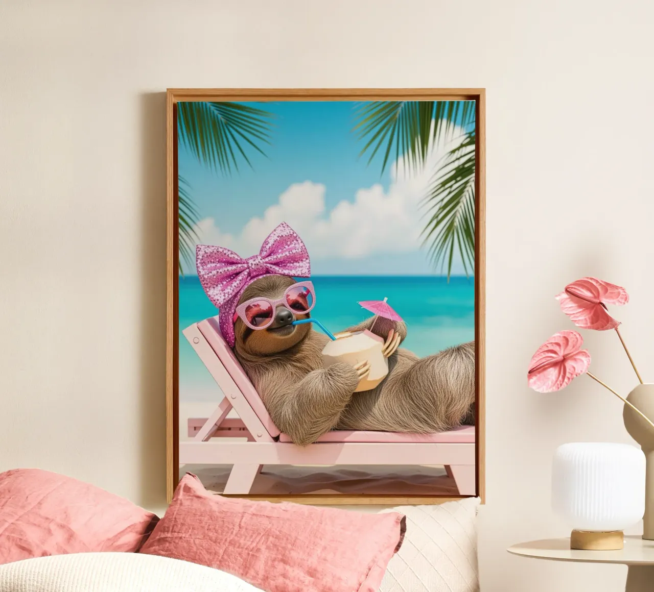 Bradipo in spiaggia con un cocktail, vacanze estive tela con Cornice a cassetta da SlothStella
