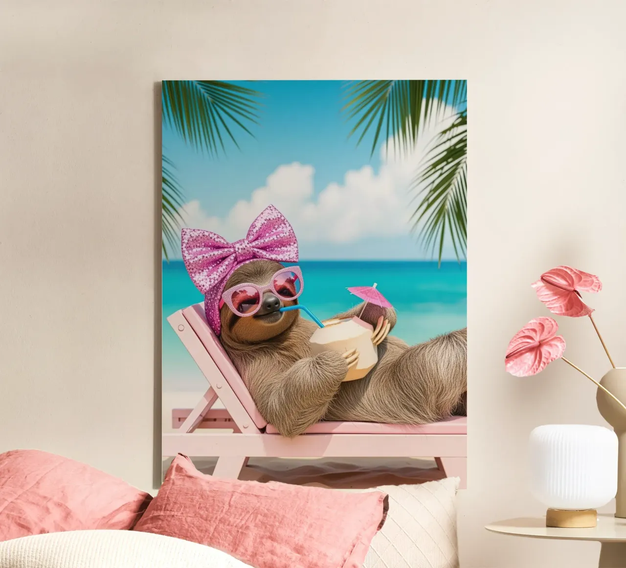 Bradipo in spiaggia con un cocktail, vacanze estive tela con Cornice a cassetta da SlothStella