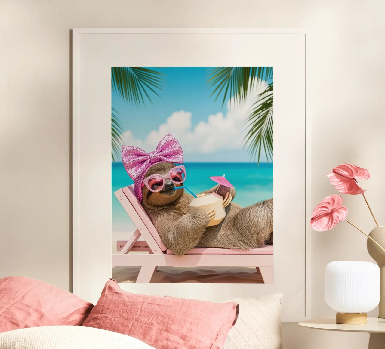 Bradipo in spiaggia con un cocktail, vacanze estive poster con telaio in plastica da SlothStella